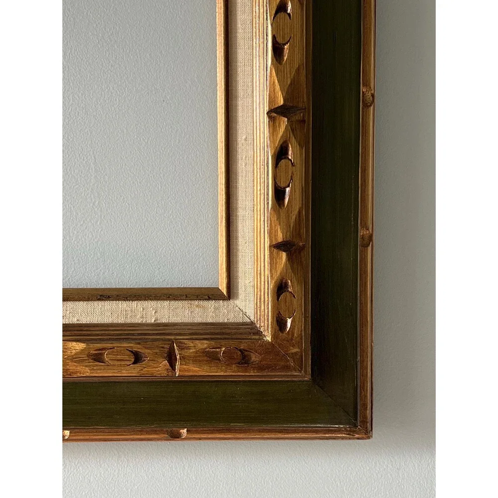 Vintage 12” x 16” Hand-carved Wood Frame w/Hunter Green, Gold, and Linen Detail